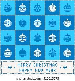 Christmas decoration set of 20 Balls. Nordic Scandinavian style. Light & dark blue pixel images with background. Vector eps file.