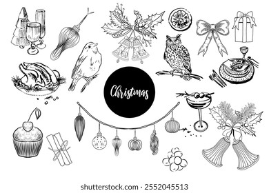 Christmas decoration set. Animals, presents, bubbles, food, floral. Hand drawn vector isolated. 