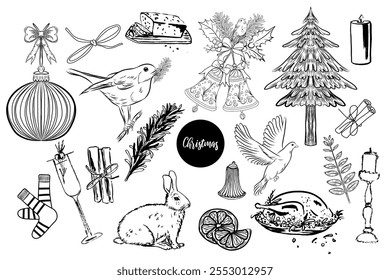 Christmas decoration set. Animals, presents, bubbles, food, floral. Hand drawn vector isolated. 