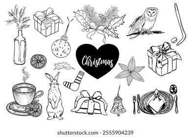 Christmas decoration set. Animals, presents, bubbles, food, floral. Hand drawn vector isolated. 