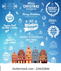 Christmas Decoration Set of Calligraphic and Typographic Design. Labels, Symbols and Icons Elements for Xmas Cards and Posters. Winter Landscape Background with Snowflakes.