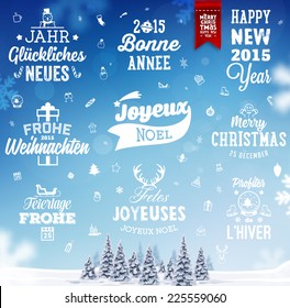 Christmas Decoration Set of Calligraphic and Typographic Design. Labels, Symbols and Icons Elements for Xmas Cards and Posters. Winter Landscape Background with Snowflakes.