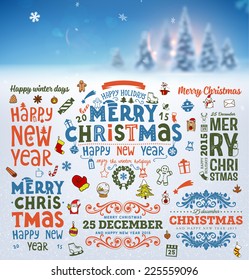 Christmas Decoration Set of Calligraphic and Typographic Design. Labels, Symbols and Icons Elements for Xmas Cards and Posters. Winter Landscape Background with Snowflakes.
