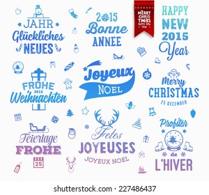 Christmas Decoration Set of Calligraphic and Typographic Design. Labels, Symbols and Icons Elements for Xmas Cards and Posters. Red Xmas Ribbon. Holiday Greetings in Various Languages