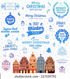 Christmas Decoration Set of Calligraphic and Typographic Design. Labels, Symbols and Icons Elements for Xmas Cards and Posters. Winter Landscape Background with Snowflakes and Town.