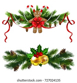 Christmas decoration set with evergreen trees poinsettia and bells vector