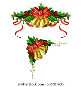 Christmas decoration set with evergreen treess holly and pinecones and bow isolated