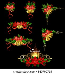 Christmas decoration set with evergreen treess holly and pinecones and bow street light isolated vector