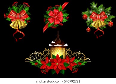 Christmas decoration set with evergreen treess holly and pinecones and bow street light isolated vector