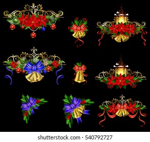 Christmas decoration set with evergreen treess holly and pinecones and bow street light isolated vector