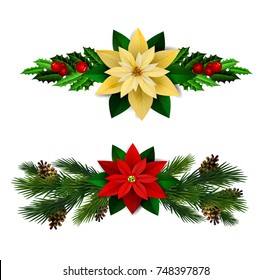 Christmas decoration set with evergreen treess pine cones and poinsettia isolated vector