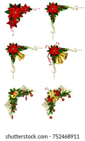 Christmas decoration set with evergreen treess pine cones and poinsettia isolated vector