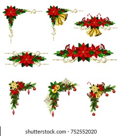Christmas decoration set with evergreen treess pine cones and poinsettia isolated vector