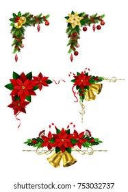Christmas decoration set with evergreen treess pine cones and poinsettia isolated vector