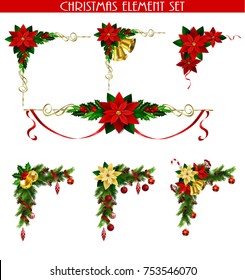 Christmas decoration set with evergreen treess pine cones and poinsettia isolated vector