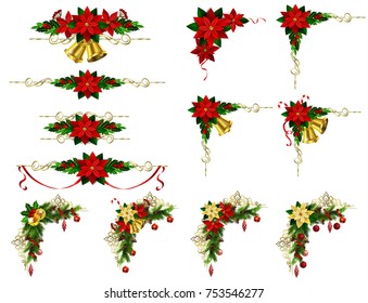 Christmas decoration set with evergreen treess pine cones and poinsettia isolated vector