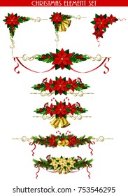 Christmas decoration set with evergreen treess pine cones and poinsettia isolated vector