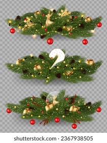 Christmas decoration set of Christmas fir garlands with poinsettia, red berries, cones and jingle bells.