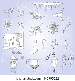  Christmas decoration set. Hand drawn elements for holidays. Vector  illustration