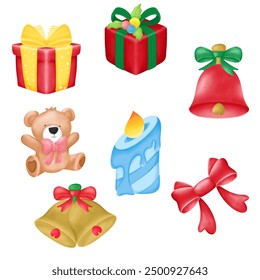 Christmas decoration set includes gifts, bells, candles and bows.