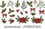 Christmas decoration set isolated on white background. Collection of different Christmas elements. Vector illustration with pine, poinsettia, holly and mistletoe. Festive design.