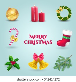 Christmas decoration set. Isolated xmas objects . Holiday Icons. Vector illustration