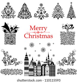 Christmas decoration set - lots of calligraphic elements, bits and pieces to embellish your holiday layouts. Collection of Christmas design elements isolated on White background. Vector illustration
