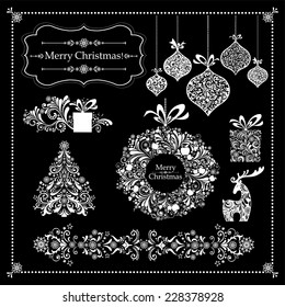 Christmas decoration set - lots of calligraphic elements, bits and pieces to embellish your holiday layouts. Collection of Christmas design elements isolated on Black background. Vector illustration 