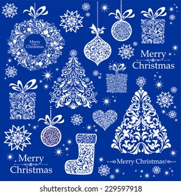 Christmas decoration set - lots of calligraphic elements, bits and pieces to embellish your holiday layouts. Seamless Christmas background. Merry Christmas wallpaper. Vector illustration 