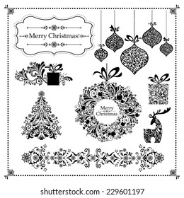 Christmas decoration set - lots of calligraphic elements, bits and pieces to embellish your holiday layouts. Collection of Christmas design elements isolated on white background. Vector illustration
