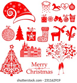 Christmas decoration set - lots of calligraphic elements, bits and pieces to embellish your holiday layouts. Collection of Christmas design elements isolated on White background. Vector illustration 