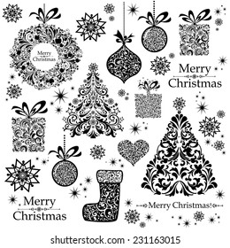 Christmas decoration set - lots of calligraphic elements, bits and pieces to embellish your holiday layouts. Seamless Christmas background. Merry Christmas wallpaper. Vector illustration 