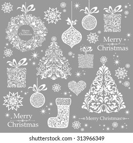 Christmas decoration set - lots of calligraphic elements, bits and pieces to embellish your holiday layouts. Christmas background. Merry Christmas wallpaper. Vector illustration 