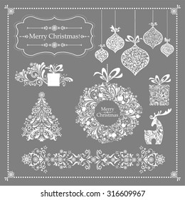 Christmas decoration set - lots of calligraphic elements, bits and pieces to embellish your holiday layouts. Collection of Christmas design elements isolated on Grey background. Vector illustration