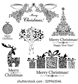 Christmas decoration set - lots of calligraphic elements, bits and pieces to embellish your holiday layouts. Collection of Christmas design elements isolated on White background. Vector illustration 