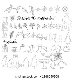 Christmas decoration set with Nutcracker and  Christmas tree. Hand drawn sketches  Vector Illustration