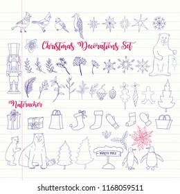 Christmas decoration set with Nutcracker and  Christmas tree. Hand drawn sketches  Vector Illustration