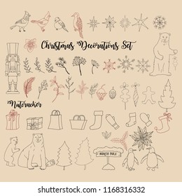 Christmas decoration set with Nutcracker and  Christmas tree. Hand drawn sketches  Vector Illustration