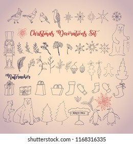 Christmas decoration set with Nutcracker and  Christmas tree. Hand drawn sketches  Vector Illustration
