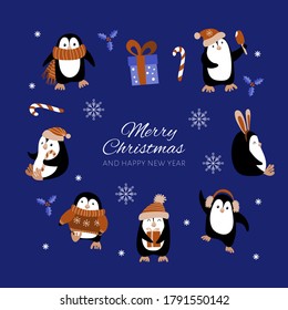 Christmas decoration set with penguins and greeting. Vector illustration.