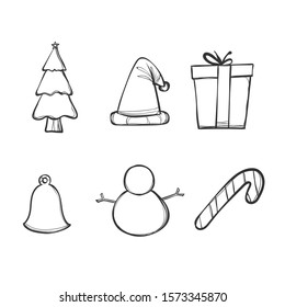 Christmas decoration set. Vector holiday ink hand drawn elements collection. Hand sketched Christmas and New Year illustration isolated on white