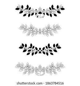 Christmas decoration. Set of vector Holly branch with leaves and berries. Bells. Black and white illustration. 