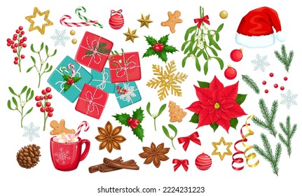 Christmas decoration set vector illustration. Cartoon isolated festive winter season elements collection with cute Christmas pine tree branch and red Santa hat, Xmas gifts and gold star, snowflake