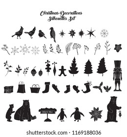 Christmas decoration silhouettes set with Nutcracker and  Christmas tree. Hand drawn sketches  Vector Illustration