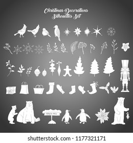 Christmas decoration silhouettes set with Nutcracker and  Christmas tree. Hand drawn sketches  Vector Illustration