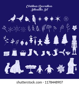 Christmas decoration silhouettes set with Nutcracker and  Christmas tree. Hand drawn sketches  Vector Illustration