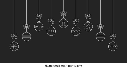 Christmas decoration. Simple baubles on black background. Banner. Vector