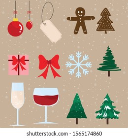 Christmas decoration with snow background. Christmas tree, glass of wine, ribbon and ginger cookie.