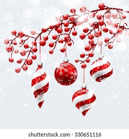 Christmas decoration with snow and bokeh effect. Vector illustration