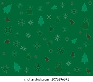 Christmas decoration. Snowflakes, stars, sweet candies, bells, Christmas trees. Ornament for the logo. New year logo. Background for the screen. Green color.